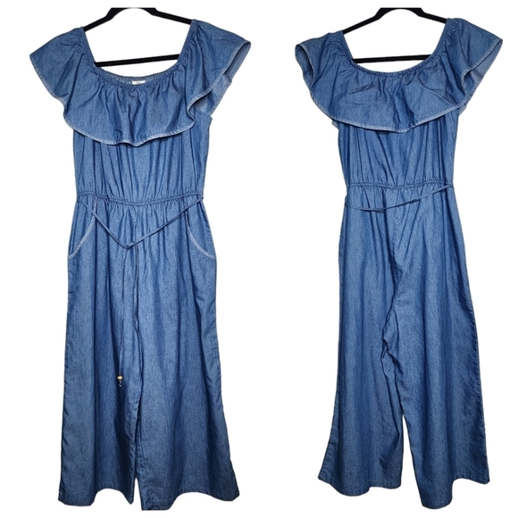 WRAPPER chambray blue belted cropped wideleg jumper, pockets. Size Medium - Picture 8 of 16